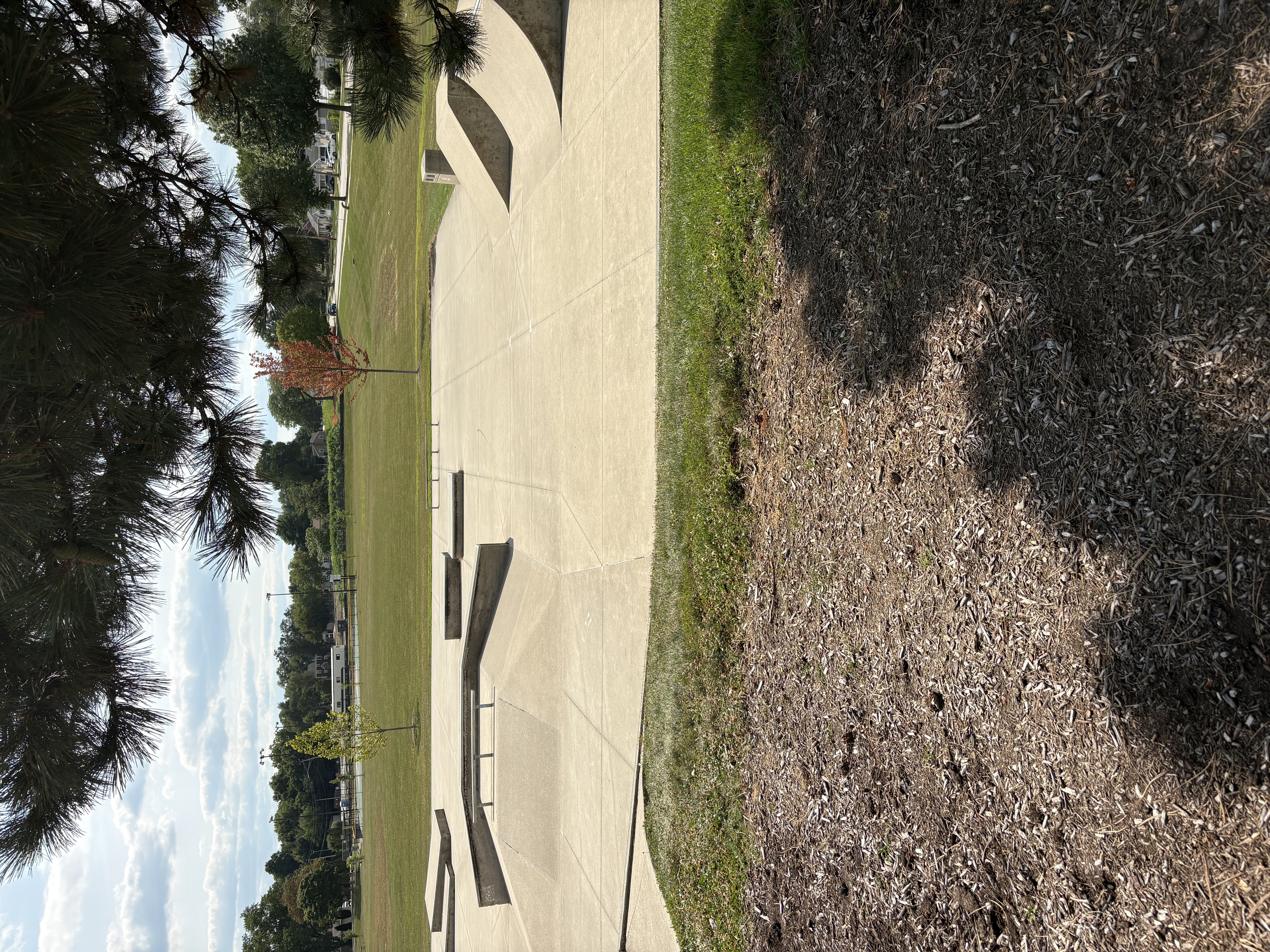 A quiet view of the skate plaza and surrounding park at Roselle Skate Park