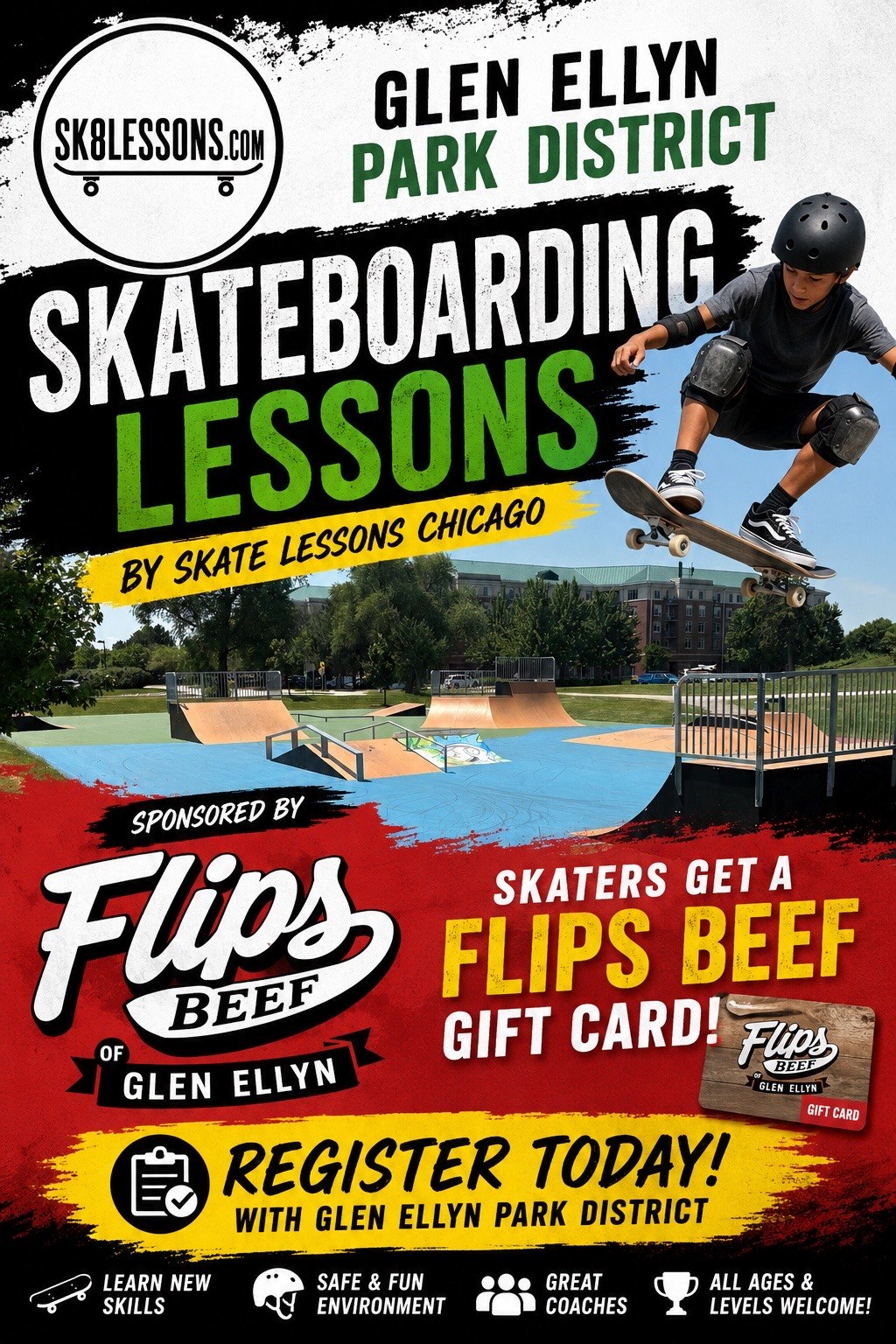 Glen Ellyn Park District skateboarding lessons flyer, sponsored by Flip's Beef of Glen Ellyn