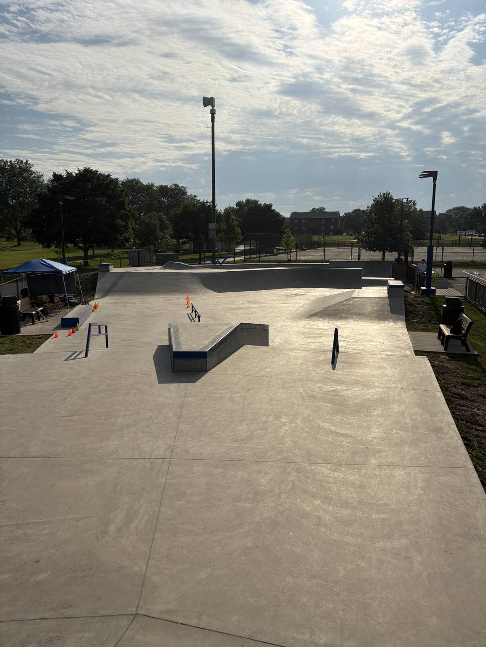 All Wheels Park skatepark in Westmont, Illinois, showing rails, ledges, and ramps